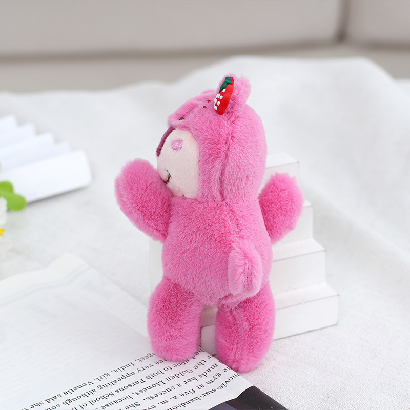 Cute Crouching Strawberry Bear Plush Pendant Pink Little Bear Doll Doll Doll Bag Pendant Keychain Wholesale Toys