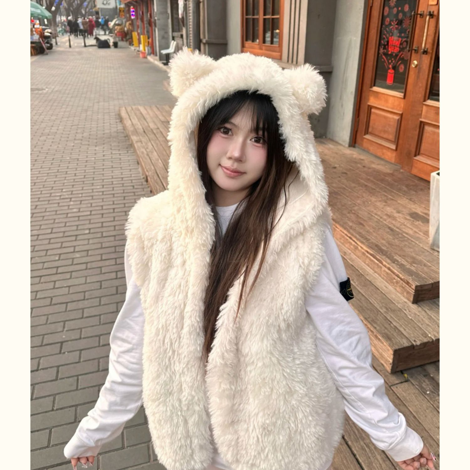 跨境可爱小熊耳朵马甲连帽外套女2025秋冬仿羊羔毛绒马夹坎肩背心
