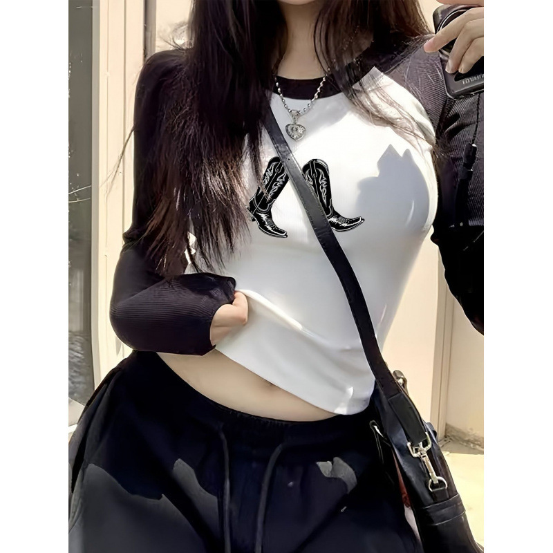 Cross-Border Hot Selling Women's Round Neck Color-Blocked Slim Long-Sleeved T-Shirt American Sweet and Spicy Raglan Sleeve Short Top for Women