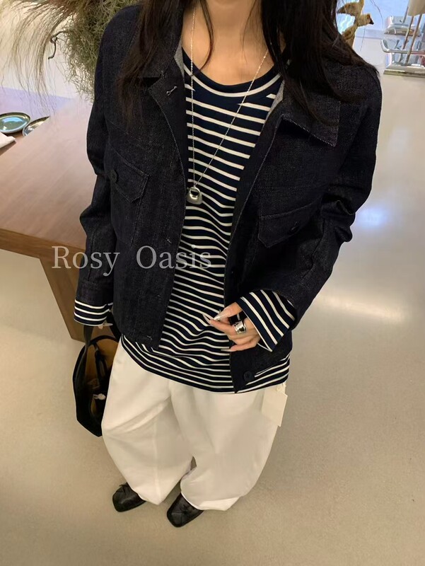 秋季新款休闲牛仔外套一简约翻领宽松纯色夹克上衣沐泽女装Y8765|undefined