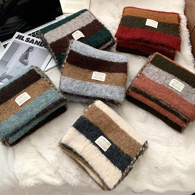 Bufandas otoño y invierno nuevo estilo coreano de estilo universitario de color de contraste lana a rayas de punto bufandas calientes multicapa