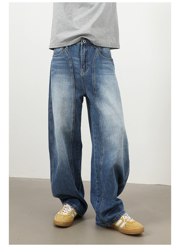 Quần jeans nam dáng thẳng rộng phối màu phong cách retro — màu xanh, màu xám đen chi tiết 11