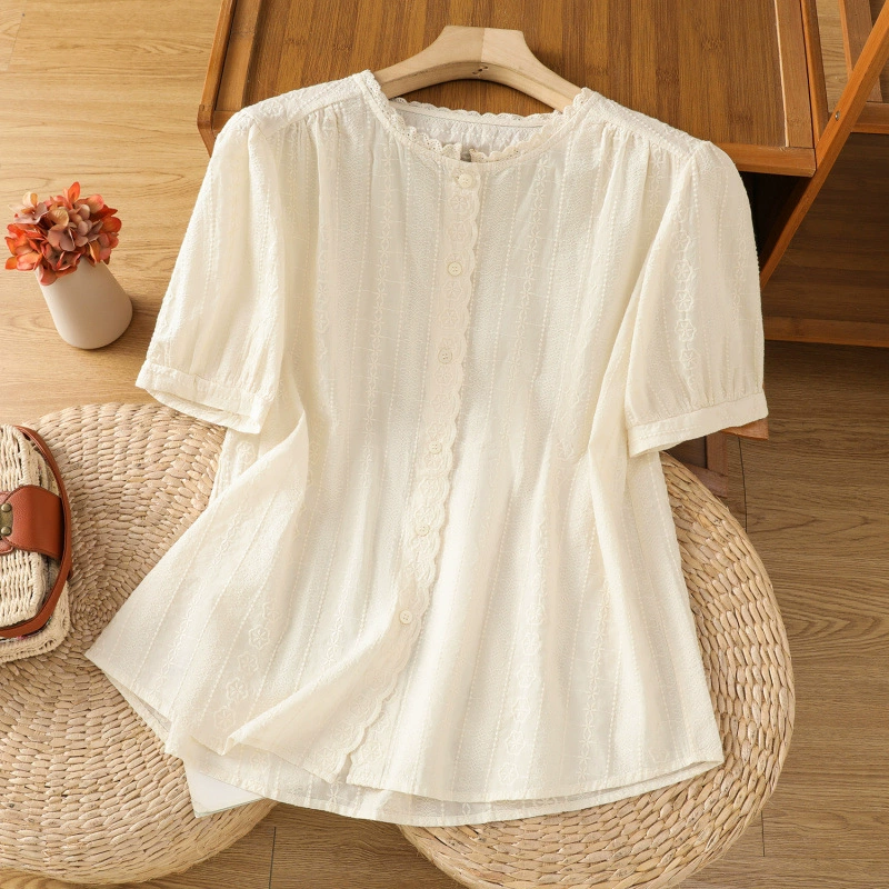 2025 лето новый ретро сплошной цвет литературный хлопок конопля свободный повседневный кружевной воротник рубашка с короткими рукавами топ женский
