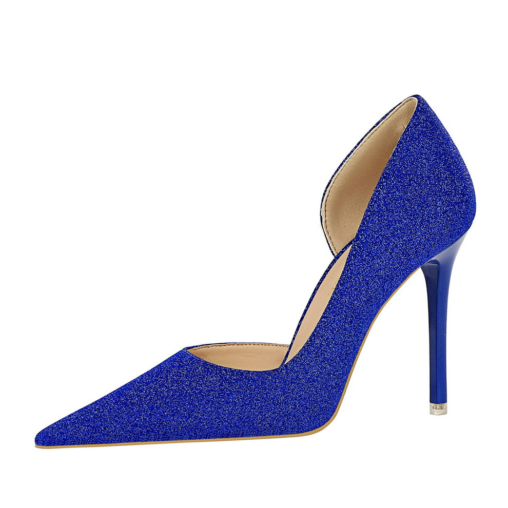 1298-1 Retro Style High Heels Slim Heel Shallow Notched Pointed Side Cut Shiny Sequin Fabric High Heel Women's Single Shoe