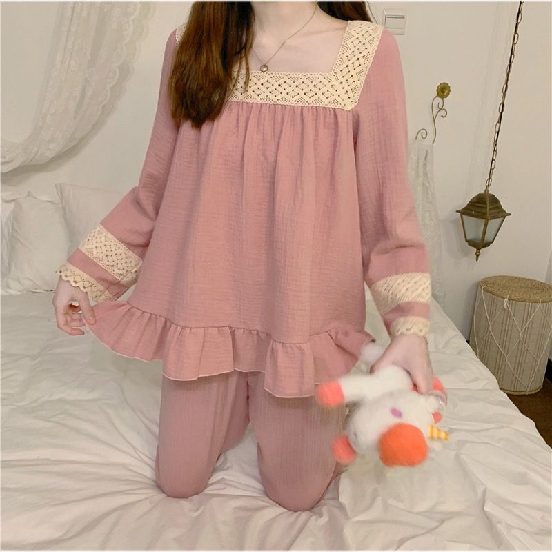 Al por mayor transfronterizo primavera y otoño estilo de cuello cuadrado pijama de encaje mujer manga larga set princesa dulce set de ropa para el hogar