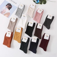 0韓國kikiyasocks棉襪女士中長腰襪小豎紋淨版純色堆堆襪棉簡約休