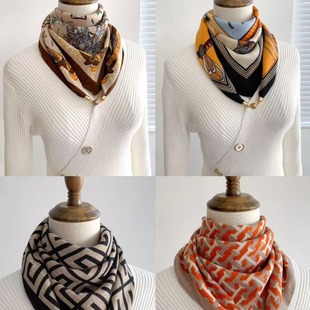 Magnetic triangle neck scarf for women autumn and winter cotton and linen silk scarf neck square scarf plaid ribbon