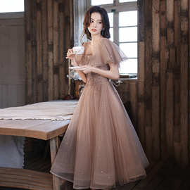 2026新新款性感卡其色长款韩版礼服艺考年会宴会短袖亮片晚礼服