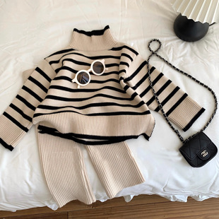 Korean Style Children's Clothing Autumn and Winter Style New Style Girls Retro Elegant Fashion Pure Color Knitted Sweater Woolen Pants Suit Trendy