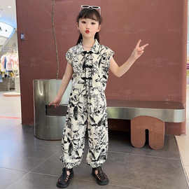 夏季女童套装2026新款民族风女孩洋气水墨画时尚薄款冰丝两件套潮