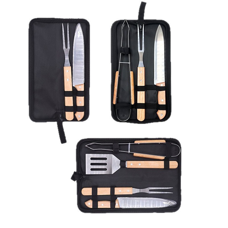 跨境不锈钢烧烤工具4件套荷木BBQ烤具套装烧烤户外刀叉2件套组合|undefined