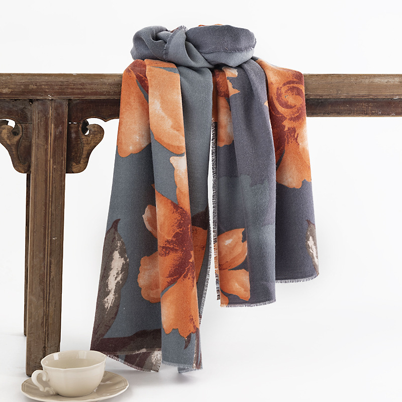 New Scarf Women's Japanese Autumn and Winter Hibiscus Printing Short Flow Imitation Cashmere Shawl Women's Warm Scarf_voghion.com