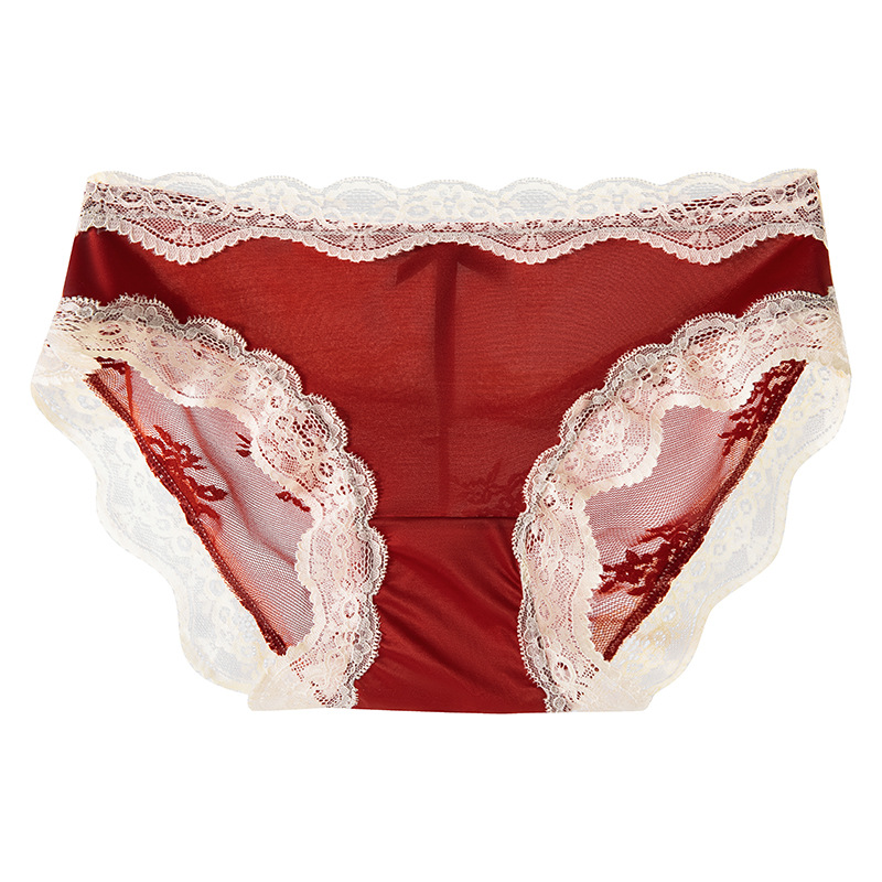 Encaje francés sexy satén seda de hielo encaje ropa interior de mujer entrepierna de algodón puro entrepierna antibacteriana ropa interior roja para mujer