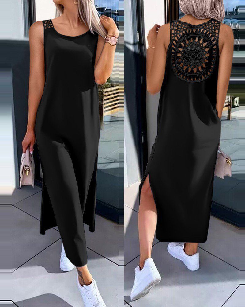 Women's Clothing Summer Solid Color Women's Dress Style Back Hollowed Out Lace Sleeveless Slit Design For Casual Occasions_ecoleips.com