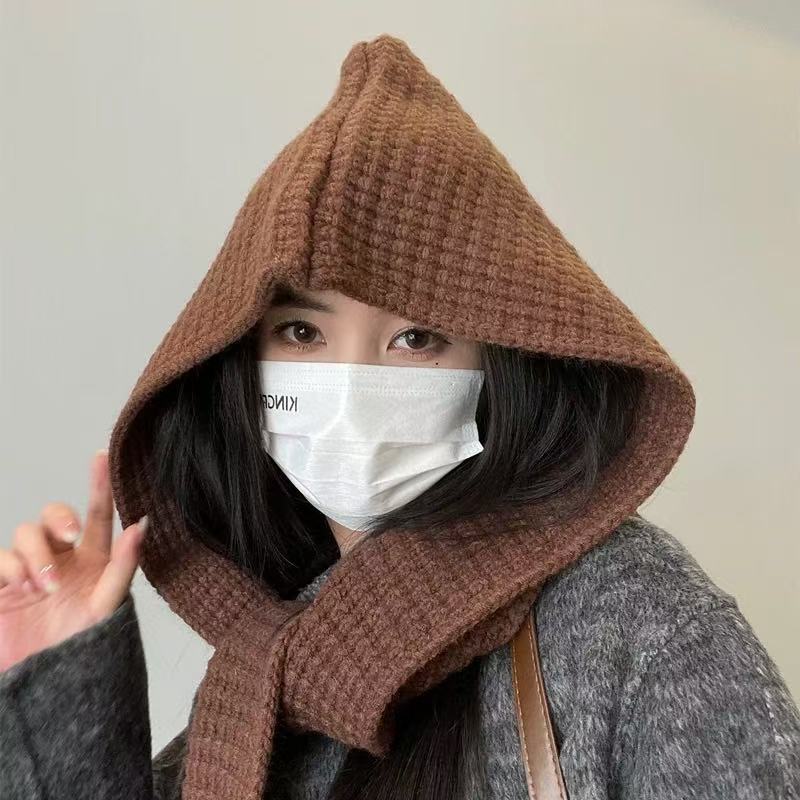 连帽披肩款帽子围巾一体两件套纯色保暖秋冬季两用针织围巾毛线帽|undefined