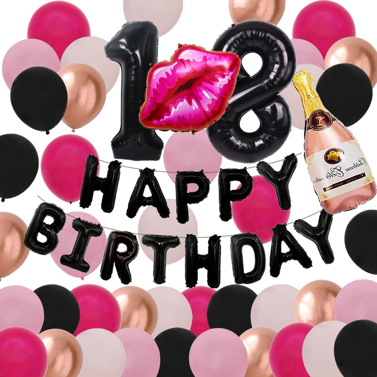 18岁生日快乐黑粉色女孩生日派对红唇香槟亮片渐变色铝箔气球装饰