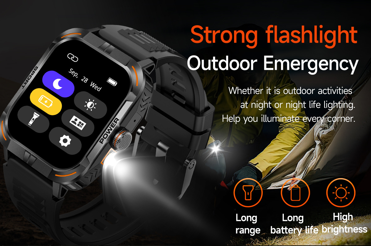 Montre connectée outdoor avec écran tactile AMOLED 1,97 pouce, Bluetooth, appels et lampe torche._voghion.com