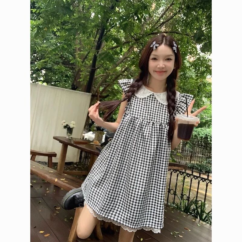 Black and White Plaid Flutter-Sleeve College-Style Dress for Women, Summer Lace Patchwork Loose Slimming A-Line Short Dress Black and White Plaid Flutter-Sleeve College-Style Dress for Women, Summer Lace Patchwork Loose Slimming A-Line Short Dress