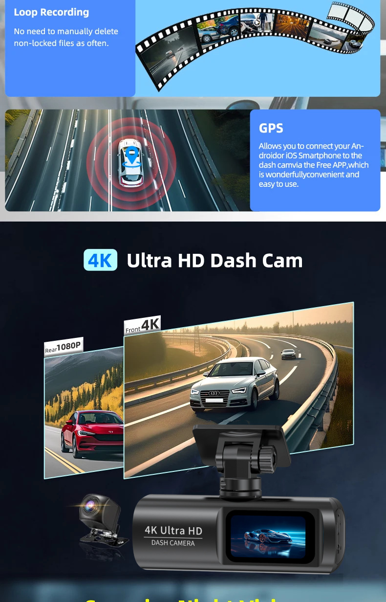 New V22 Dash Cam HD 4K Dual Front and Rear Recording Mobile WiFi Connection GPS Positioning Car Recorder