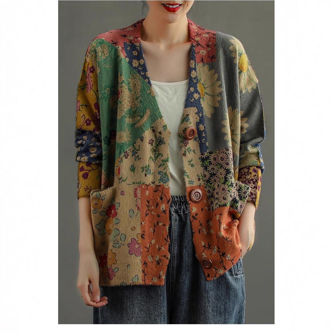 民族风印花仿水貂绒针织开衫女秋新款文艺复古宽松毛衣外套