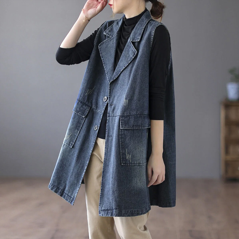 Retro Mid-Length Denim Vest Jacket for Women Autum 2025 New Large Size Loose Vest Suit Collar Waistoutwear