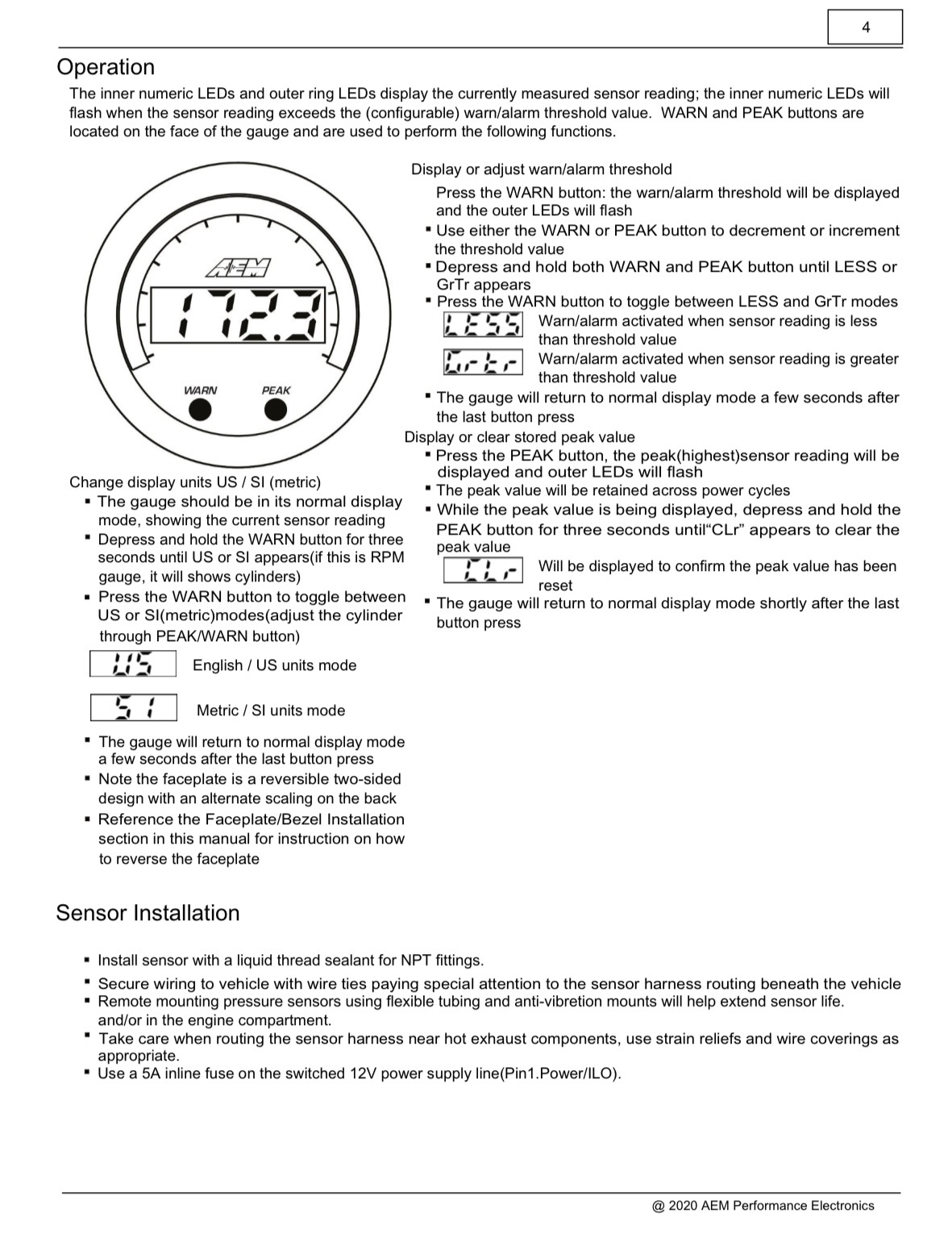 AEM Car Modification Instrument Air-Fuel Ratio Gauge with Sensor Set Turbocharger Water Temperature Oil Pressure Voltage