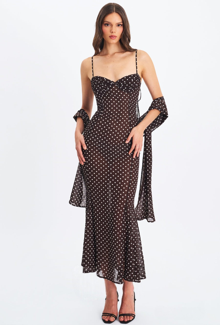 Women Elegant Spaghetti Strap Polka Dot Print Backless Dress Stylish Scarf Decor Slimming Party Vacation Dress_ecoleips.com