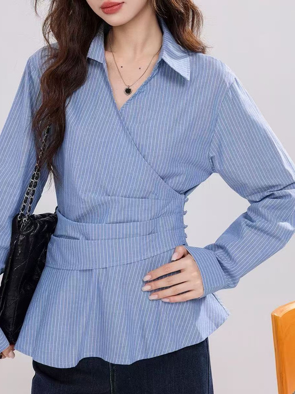 秋装2025新款爆款法式V领条纹衬衫女设计感小众收腰长袖裙摆上衣|undefined