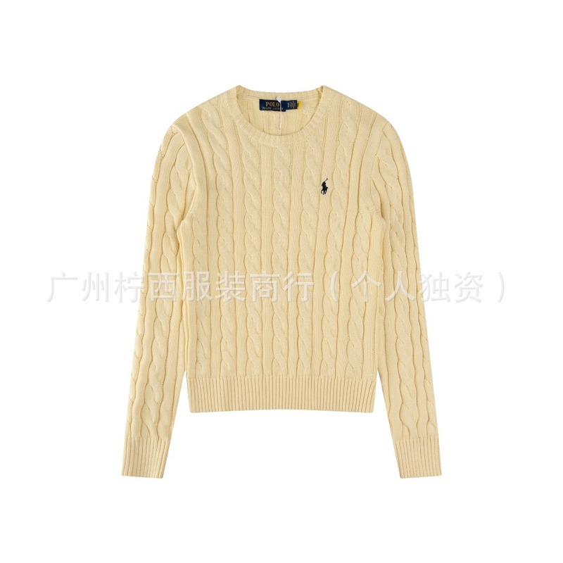 25新款跨境可扫码棉线拉夫小马刺绣经典麻花圆领纯色针织长袖上衣|undefined