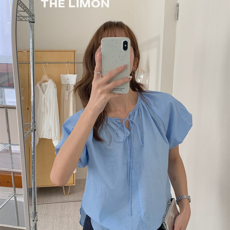 Liquidación, sin devoluciones ni cambios, camisa plisada con mangas abullonadas y cordones, estilo coreano, color verde limón, nueva colección de verano 2025 para mujer