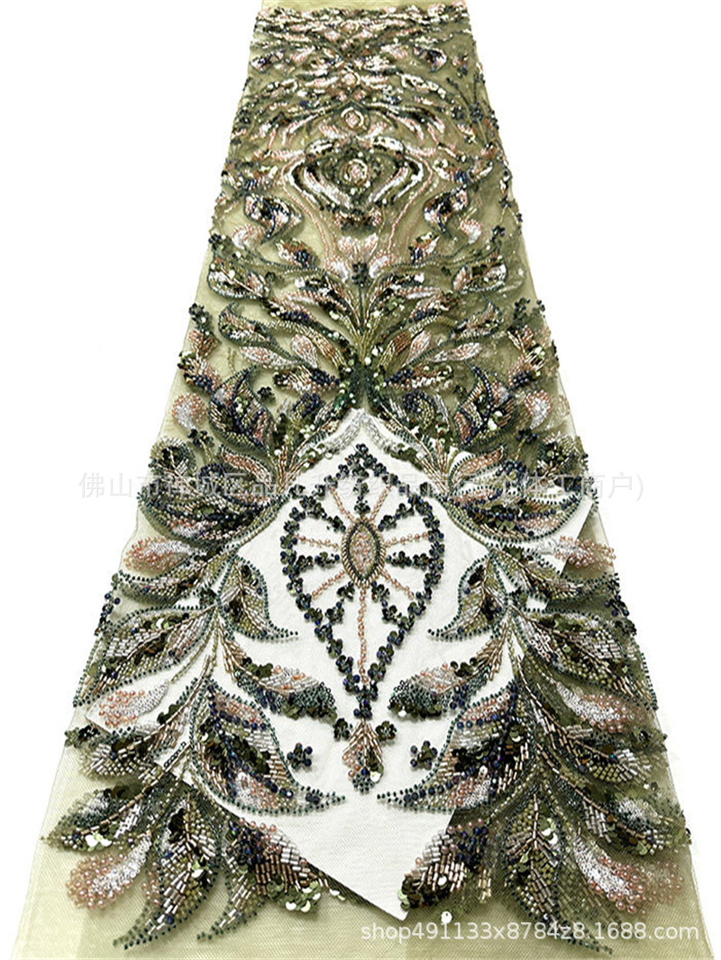Hojas de plantas pesadas clavos tela de malla de cuentas bordadas a mano piezas de cola de pez cena brindis tela de boda image 9