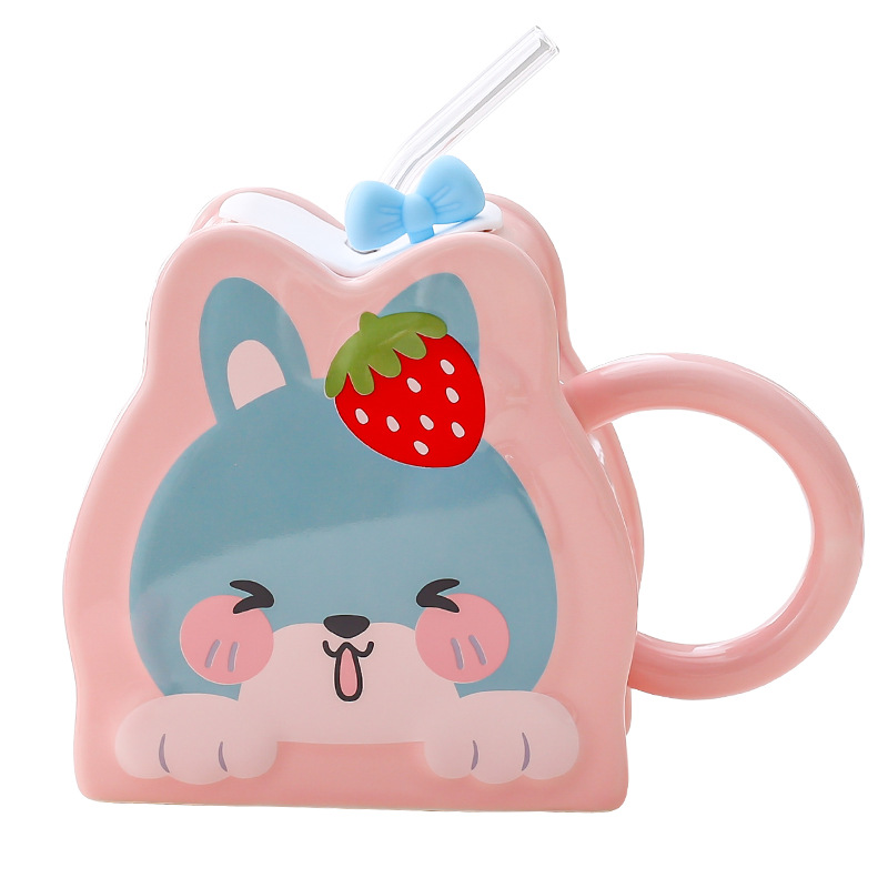 Taza de paja de cerámica creativa de dibujos animados lindo conejo taza Rosa chica corazón gran capacidad pareja taza de agua