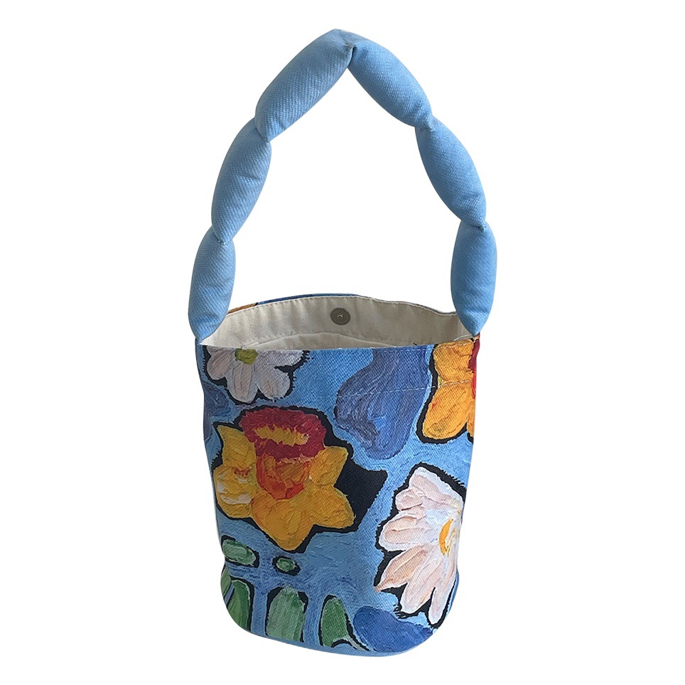 Amazon suministro transfronterizo/Original bolsa de cubo de dibujos animados correa de hombro de algodón bolsa de almuerzo lindo cubo redondo bolsa de mano
