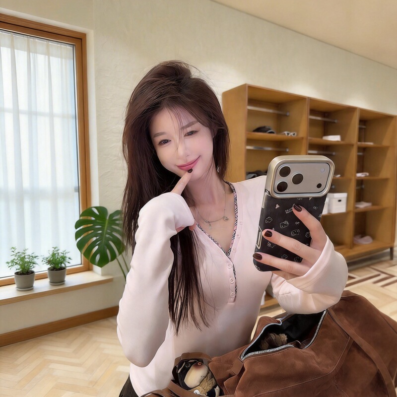 Super Stylish C-Position Base Shirt ~ Pink Plaid Patchwork V-Neck Long-Sleeve T-Shirt for Women, Slim Fit Inner Top