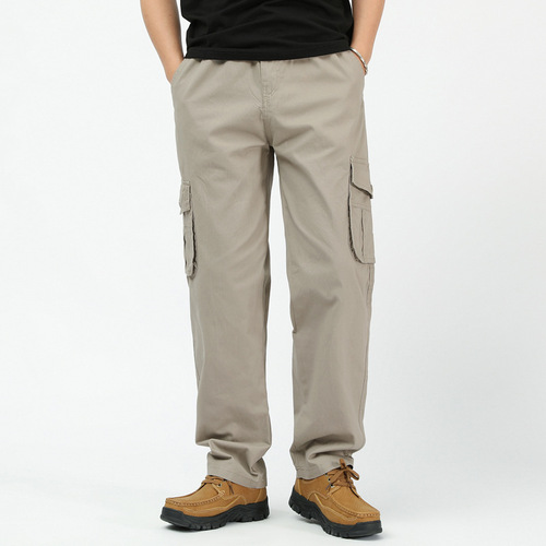 Cross-border pure cotton work pants for men, loose high-waisted casual pants with multiple pockets, outdoor stylish large size mens long pants