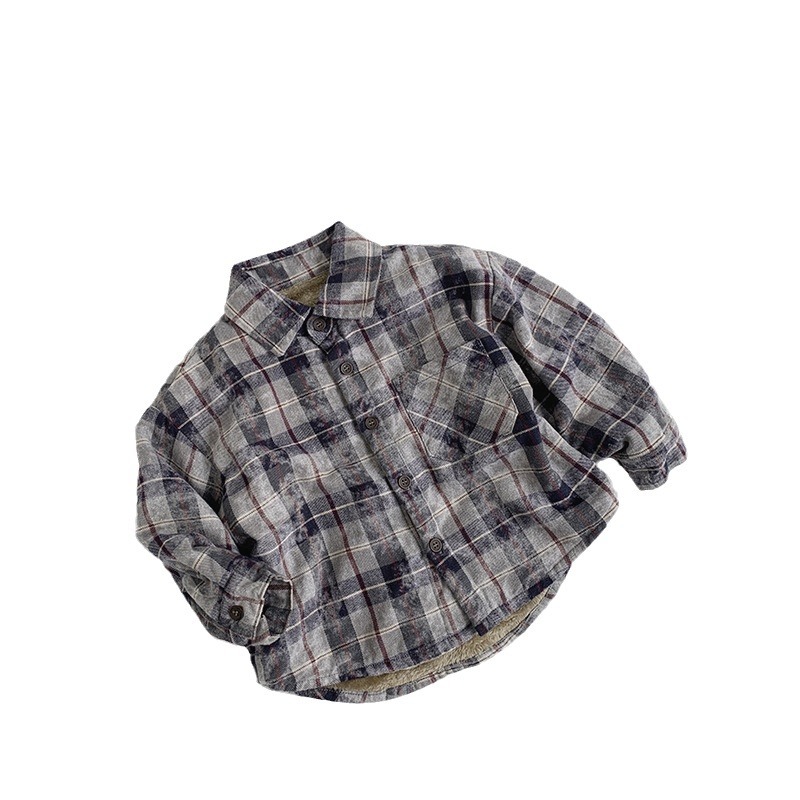 Camisa de terciopelo a cuadros de color frito 2025 invierno nueva ropa de bebé para niñas niños versión coreana de la chaqueta cálida retro de moda