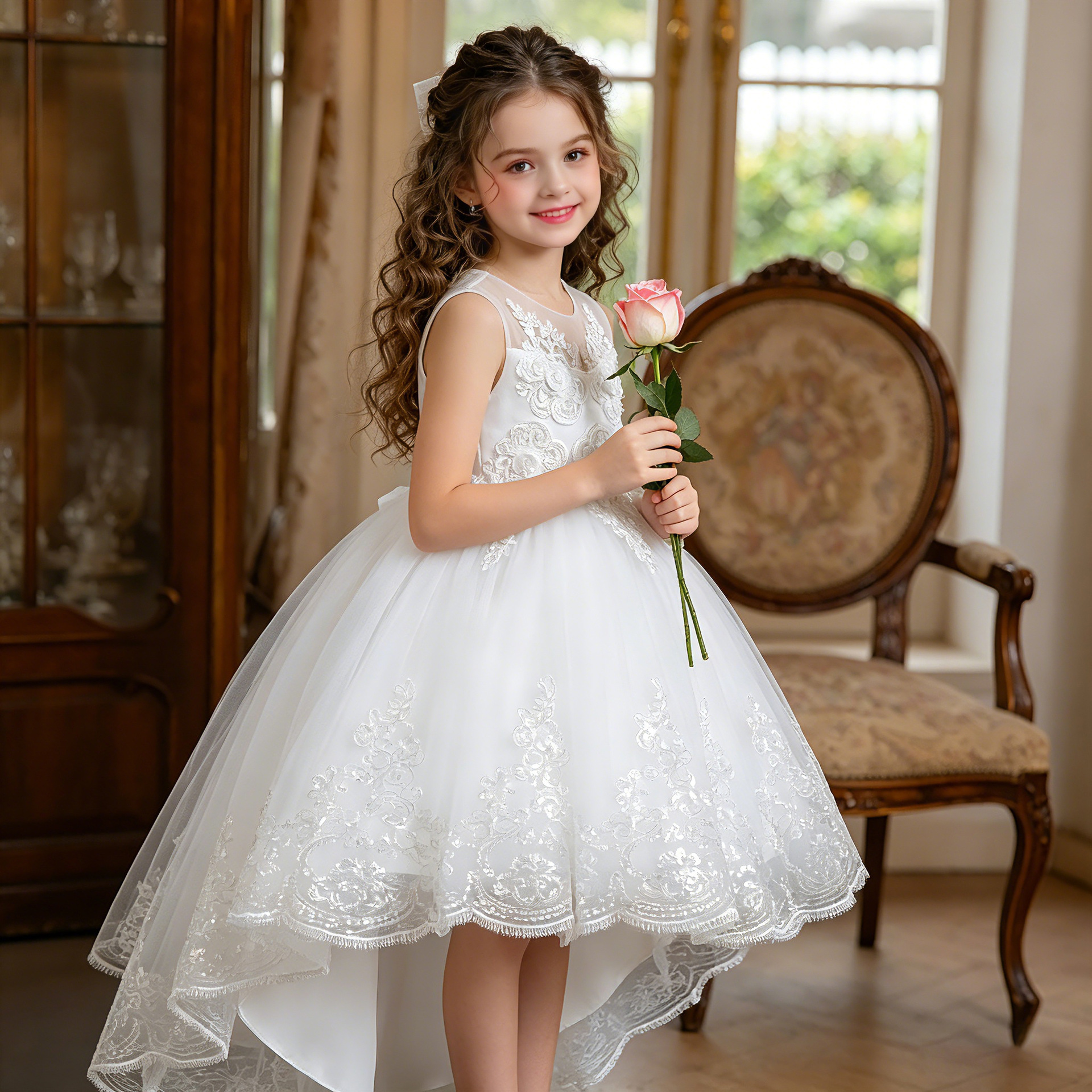 Nuevo vestido de los niños princesa vestido de novia pettiskirt encaje trailing bordado piano Navidad rendimiento ropa al por mayor