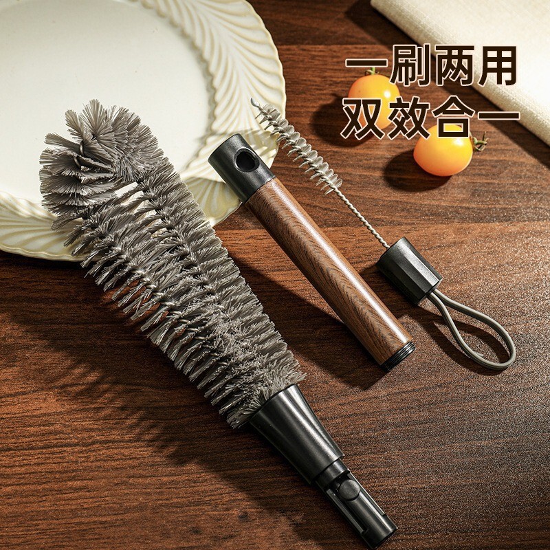 Long-Handled Cup Cleaning Brush with Walnut Wood Grain, L-Shaped 2-in-1 Household Cleaning Tool for Thermos Bottles, Bottle Gap Cleaning Brush