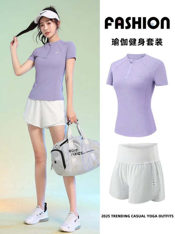 女性用カジュアルスポーツヨガスーツ、夏用通気性半袖プロバドミントントレーニング高価値テニスフィットネススーツ|undefined