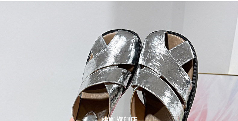 Dép sandal nữ quai ngang mũi tròn đế bệt da thật khoét lỗ thoáng khí — Màu đen chi tiết 26