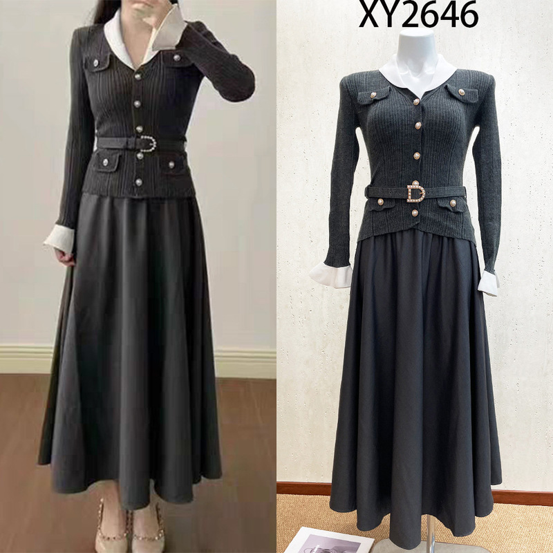 Sp Brand Xy2646 Early Autumn New Style Color-Blocking Detachable Fake Two-Piece Knitted Long-Sleeve Dress with Belt