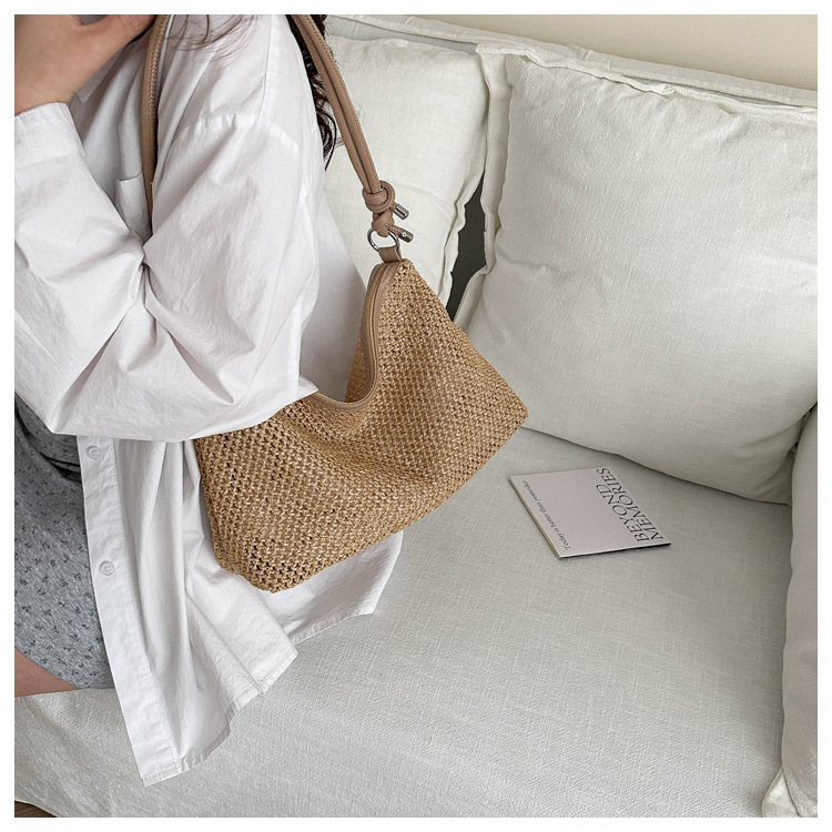 114g Weight Polyester Lining Material Weave Fashion Element Zipper Closure Type Single Shoulder Strap Strap Type Underarm Bag Bags Type Daily, Street, Shopping Occasion Straw Material New Year Festival Solid Color Pattern All Seasons Season Women's Gender Streetwear Style Square Shape Large Size Women's Large Straw Solid Color Streetwear Weave Square Zipper Underarm Bag 11