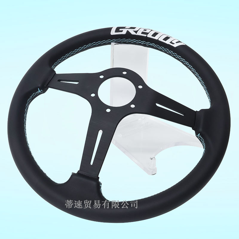 Factory direct sale GREDDY modified 14inch genuine leather steering wheel, personalized universal concave three-color stripe embroidered steering wheel