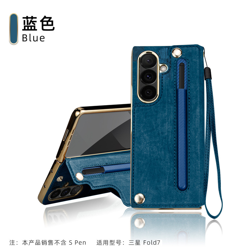 工場卸売サムスンfold7電気メッキスタンド携帯電話ケース、カード挿入、ハンドロープシェルフィルム一体型レザーケースに適しています|undefined