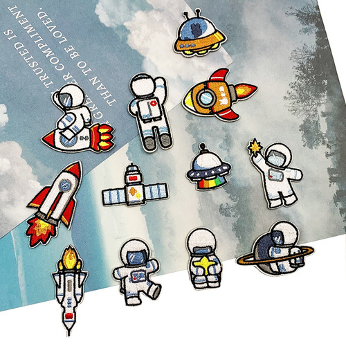 Cartoon Embroidered Fabric Patch Starship Astronaut Self-Adhesive Patch Fashion Down Jacket Handmade DIY Seamless Decorative Patch