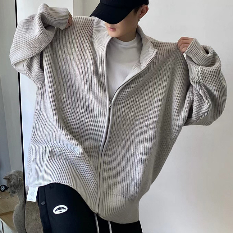 Unisex Zip-Front Knit Sweater – Oversized Drop-Shoulder Cardigan With Stand Collar (Polyester Fleece, Grey/Black, M-3XL)_voghion.com