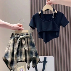 女童夏装套装2025新款儿童亲子洋气短袖时髦夏季格子裙裙裤两件套