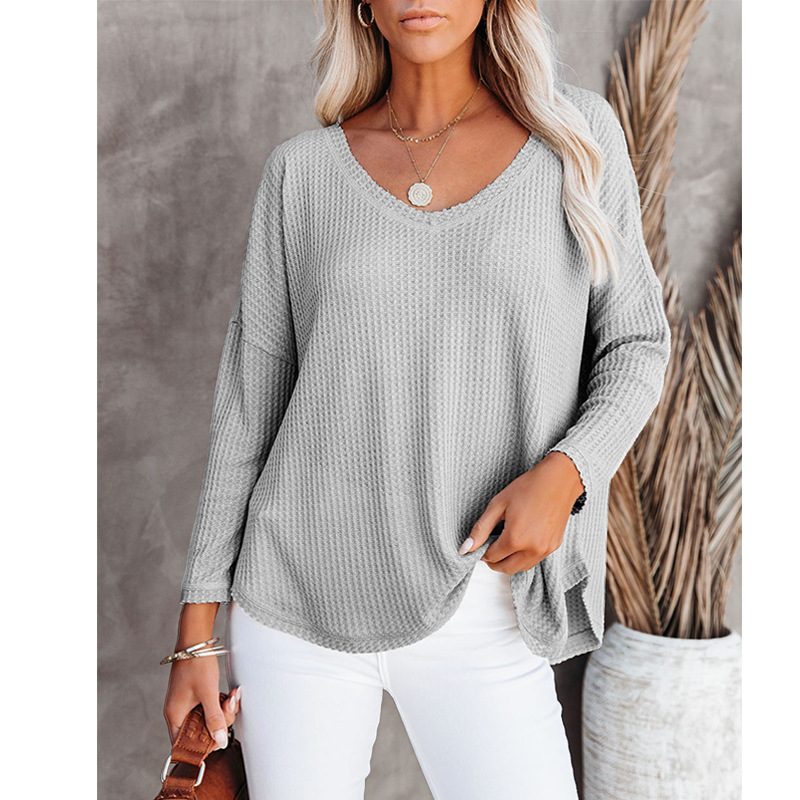 V-neck long-sleeved loose waffle top nihaostyles wholesale clothing NSFM84832