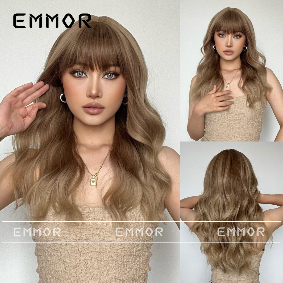 Emmor europeo y americano transfronterizo Amazon fibra química peluca pelucas moda negro gradiente oro Bangs largo pelo rizado