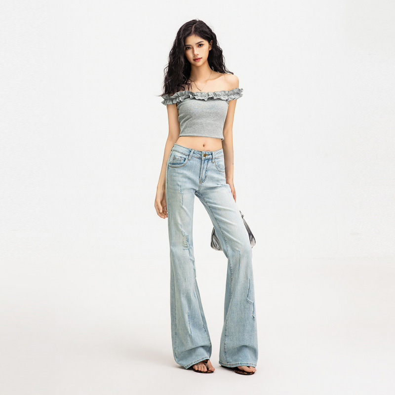 2026 verano nuevo azul claro de cintura alta micropantalones jeans de tamaño grande rectas delgadas pantalones de agujero de moda